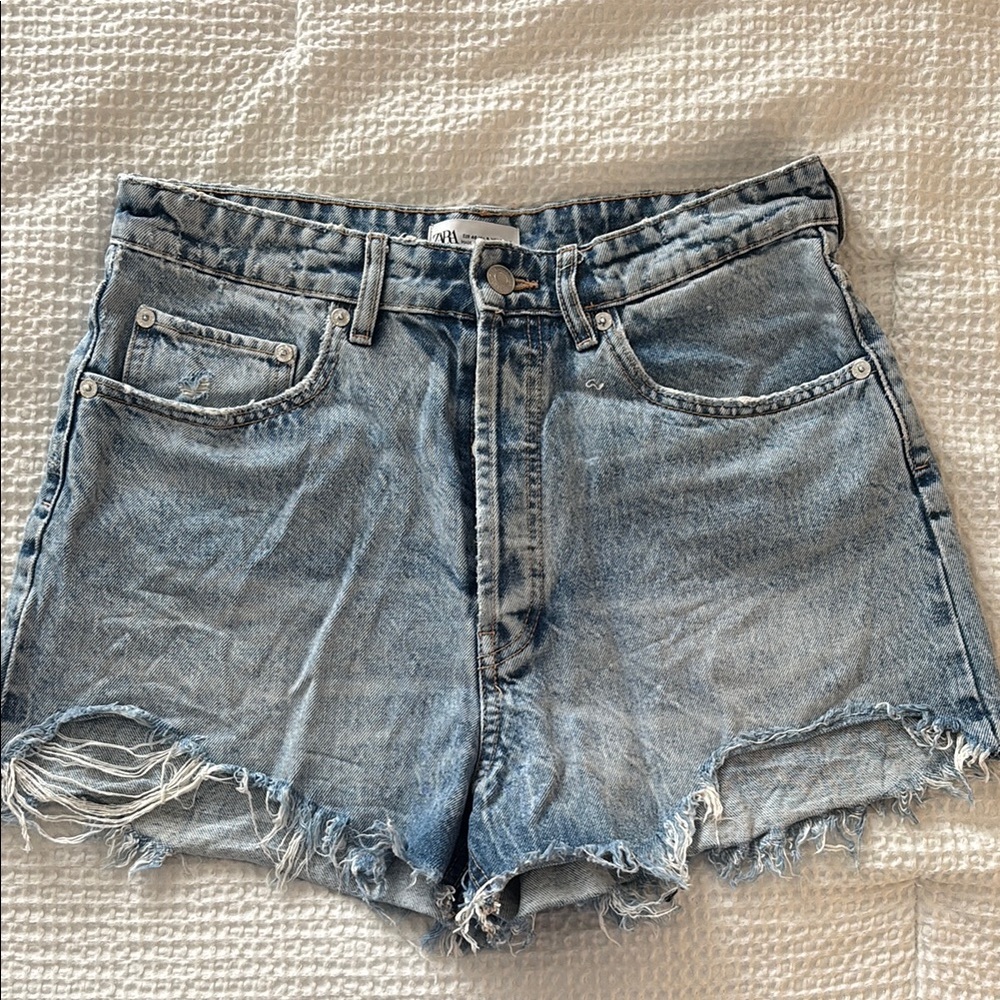Zara Light Blue Frayed Jean Denim Shorts